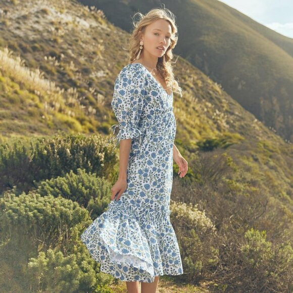 Hayley Puff Sleeve Midi Dress - Cream/Azure Floral - Picture 2 of 5